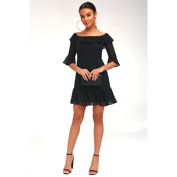 🆕 Lulus Sz Md Romantic Mood Black Off Shoulder - Picture 2 of 8